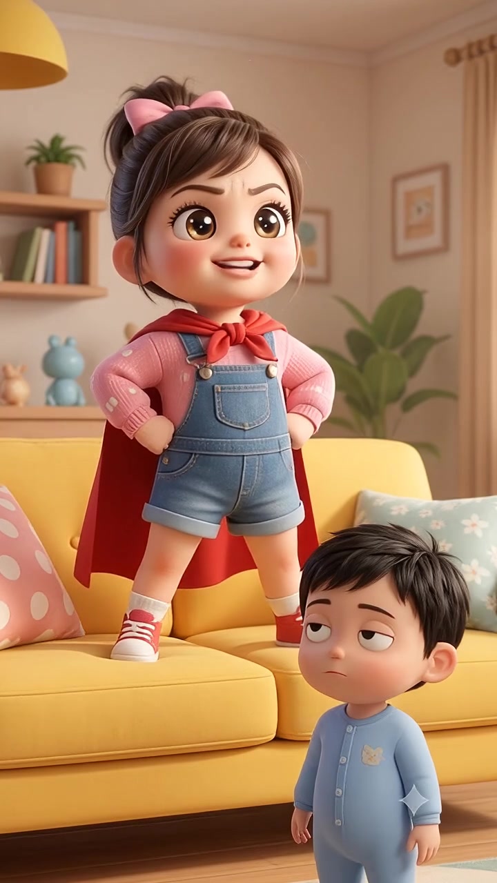 Bubli and her little brother in a bright living room